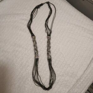 Long Black stranded braided clear stone necklace unbranded preowned